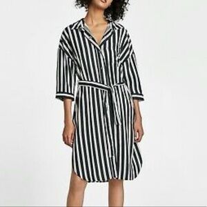 NWOT Zara Tencel blue and white striped shirt dress with pockets & tie waist